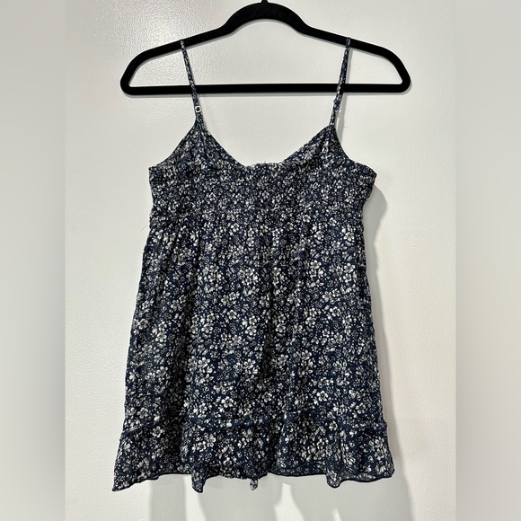 Express Womens Spaghetti Strap Ruffled Navy Blue White Floral Tank Top Size XS - Picture 2 of 10